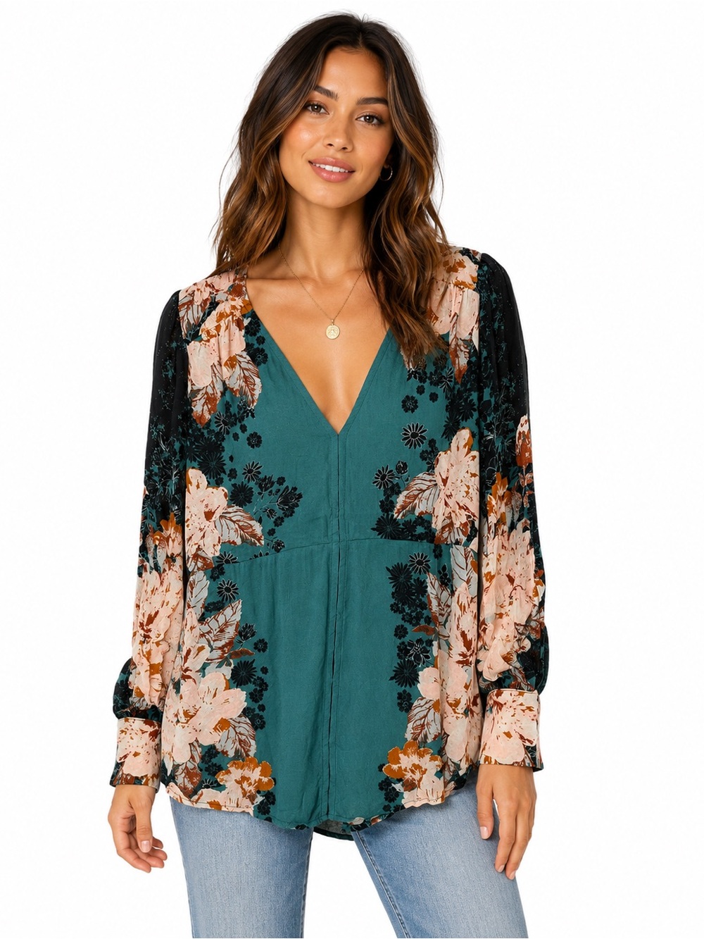 Free‎ People Mikayla Coastal Boho Floral V-Neck Tunic Blouse NWT Small Western